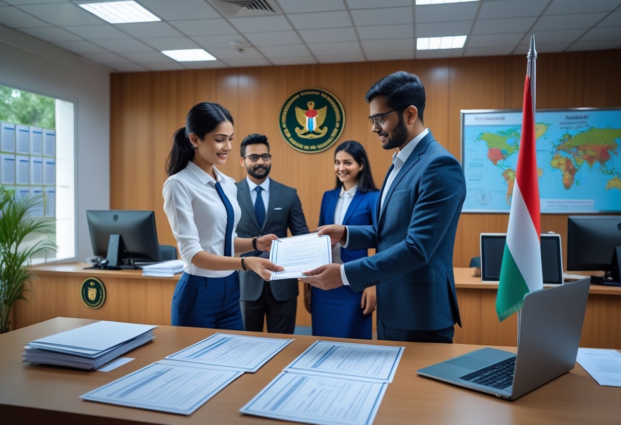 People exchanging documents in an office with UAE flag and embassy emblem visible, illustrating a document attestation process.
