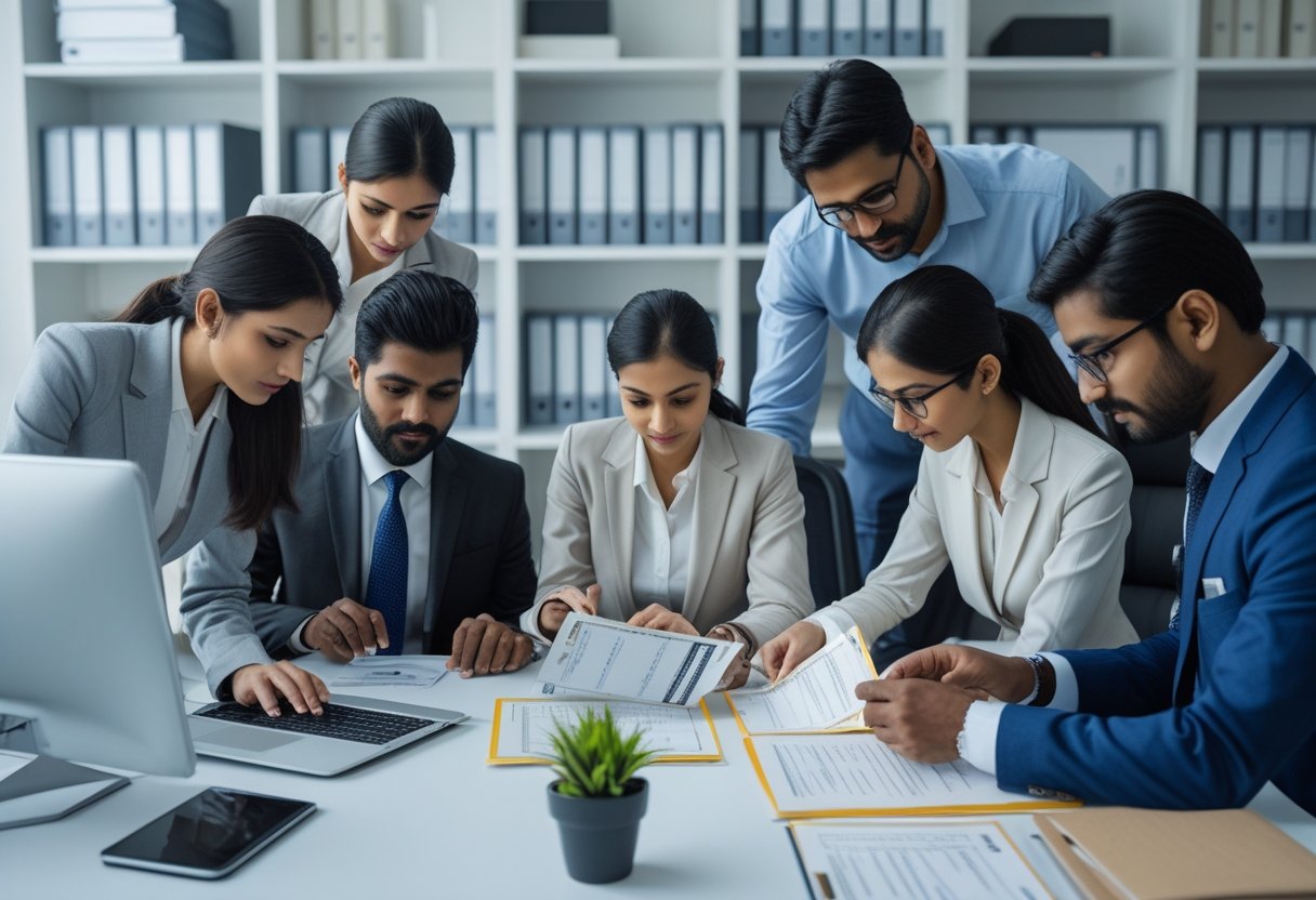 Business professionals verifying official documents in a modern office with computers and files.