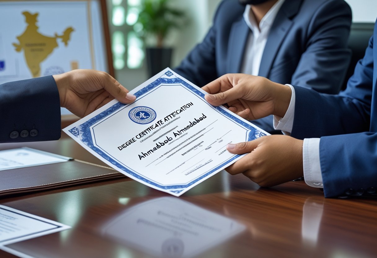 Hands exchanging a degree certificate across a desk in a professional office setting.