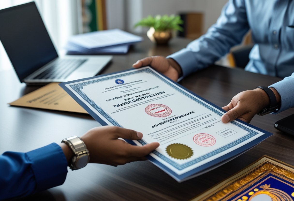 Hands holding a degree certificate with official seals in an office setting with a laptop and paperwork.