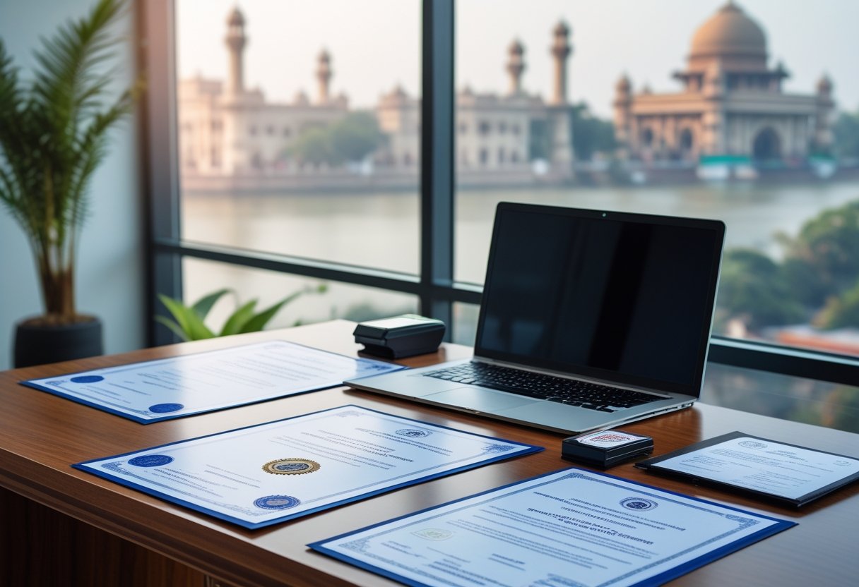 An office desk with official documents, a laptop, and a stamp pad, with a blurred cityscape visible through a window in the background.