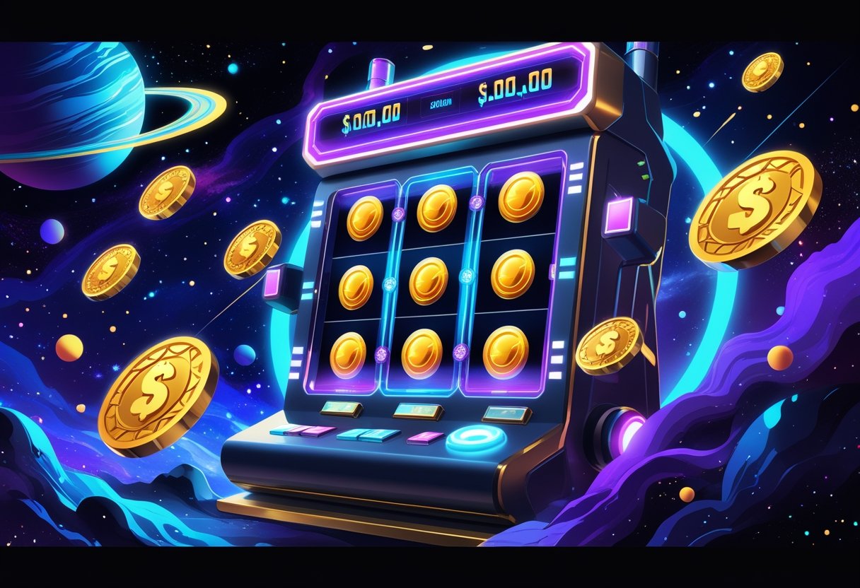 Ilustrasi mesin slot futuristik dengan latar belakang luar angkasa dan koin emas yang mengelilingi mesin.