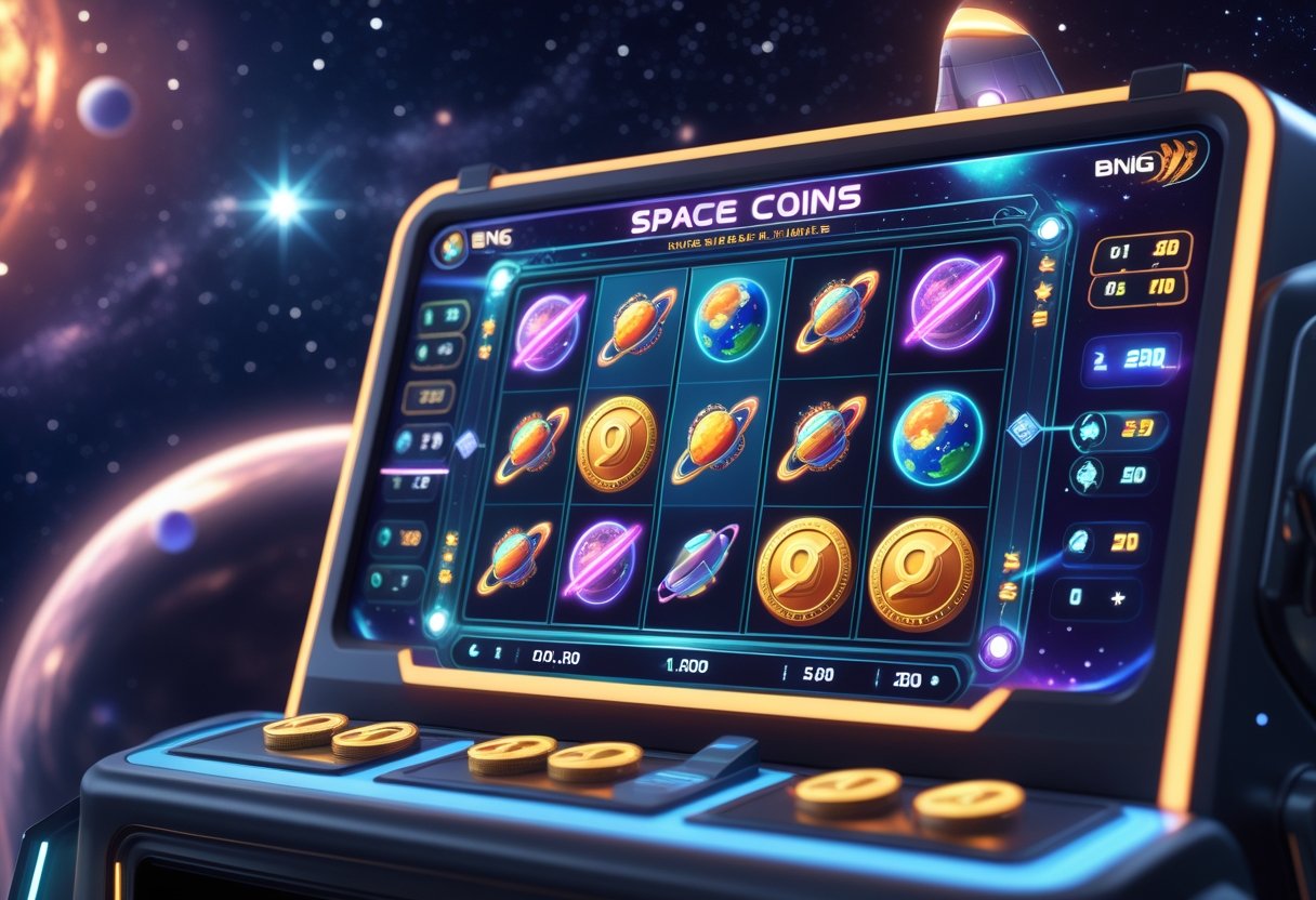 Ilustrasi mesin slot bertema luar angkasa dengan koin bercahaya, planet, dan bintang di latar belakang luar angkasa.
