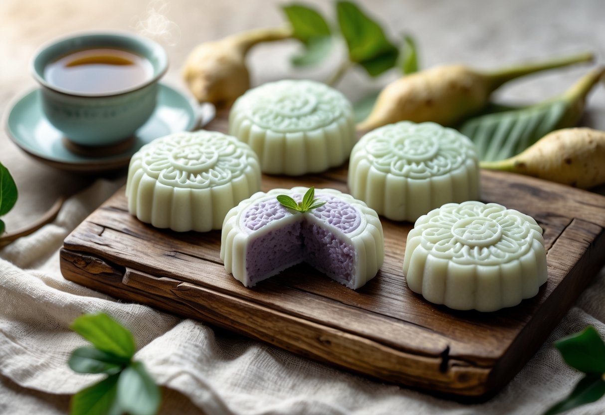 A wooden platter with snow skin mooncakes, one cut open to show purple taro filling, alongside a teacup and taro roots on a cloth.