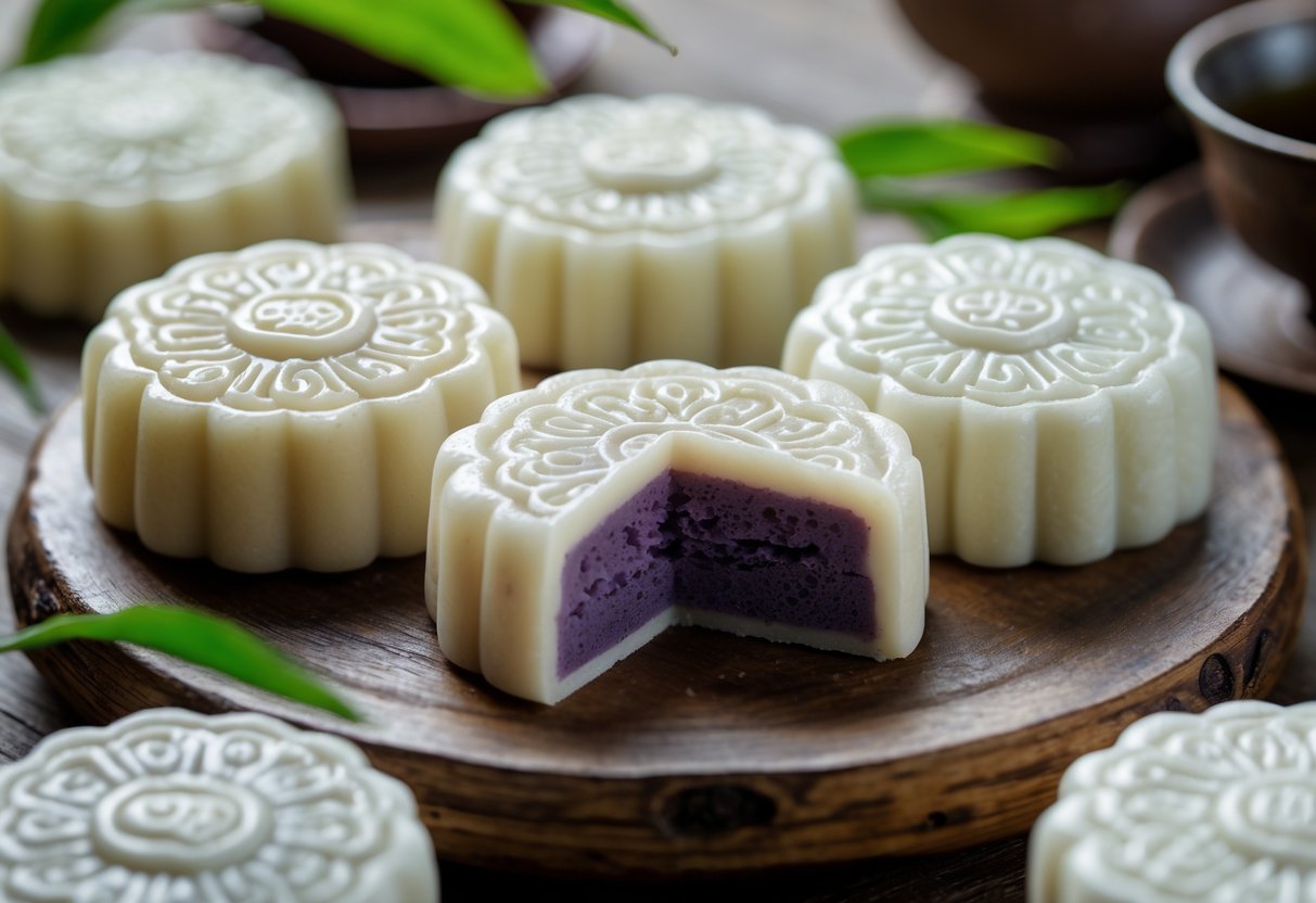 Close-up of snow skin mooncakes with one cut open to show purple taro filling, arranged on a wooden platter with tea elements in the background.