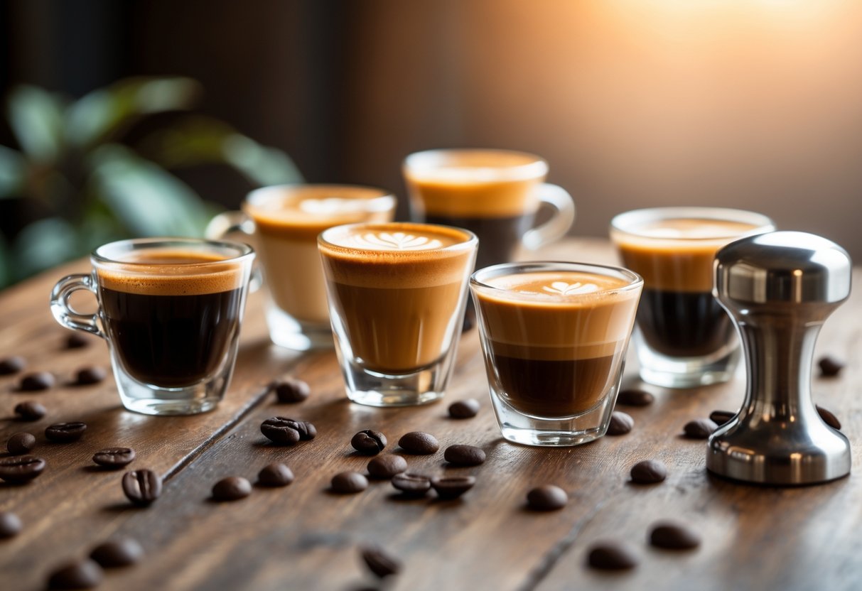 Various espresso drinks in cups displayed on a wooden table in a cozy coffee shop setting.