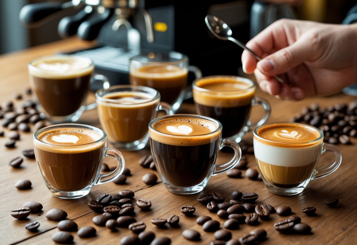 A barista preparing espresso drinks at a coffee shop counter with espresso cups, coffee beans, and brewing tools visible.