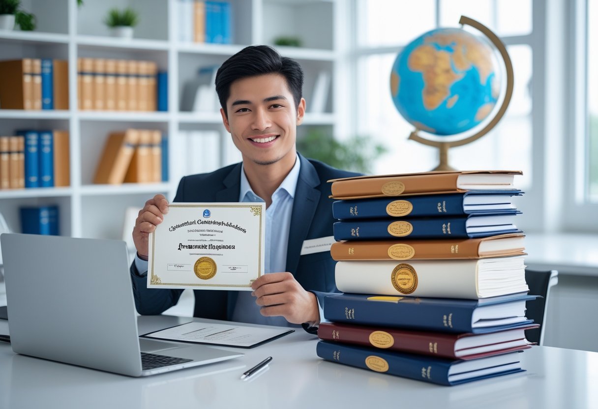 یک فرد جوان در یک دفتر روشن و مرتب نشسته و در دست خود یک خرید مدرک معتبر را نگه داشته است.