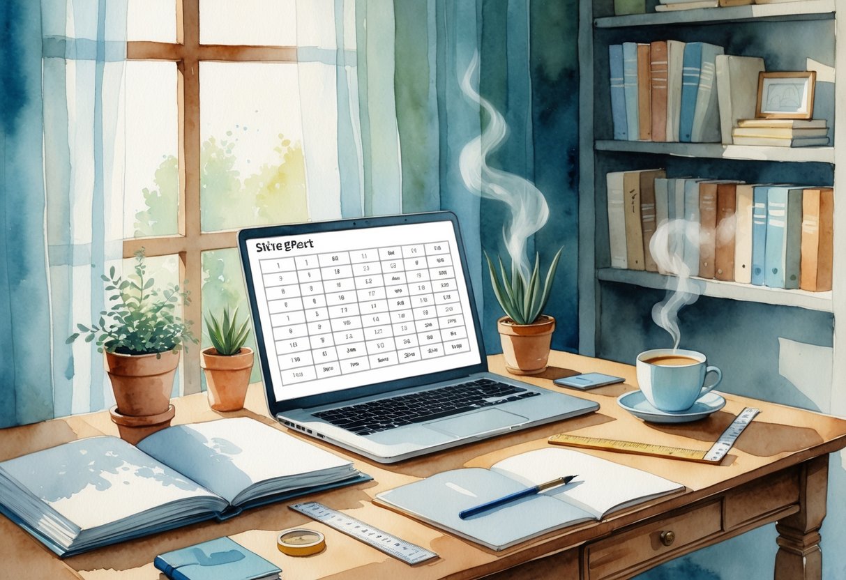 Un bureau accueillant avec un carnet ouvert, un ordinateur portable affichant un tableau de tailles, des outils de mesure, une plante en pot et une tasse de café près d'une fenêtre lumineuse.