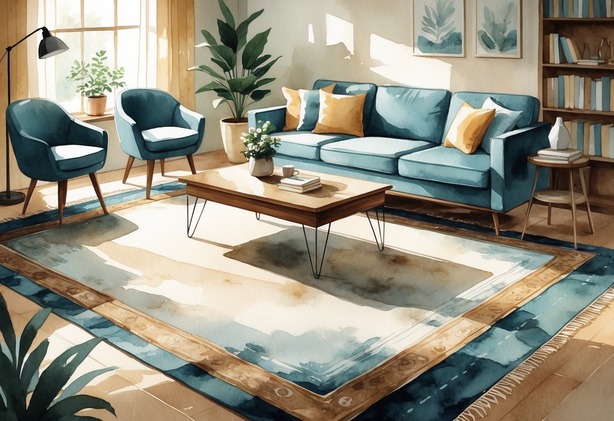 Un salon confortable avec un canapé, une table basse et un grand tapis bien ajusté au sol, entouré de plantes et d'étagères.