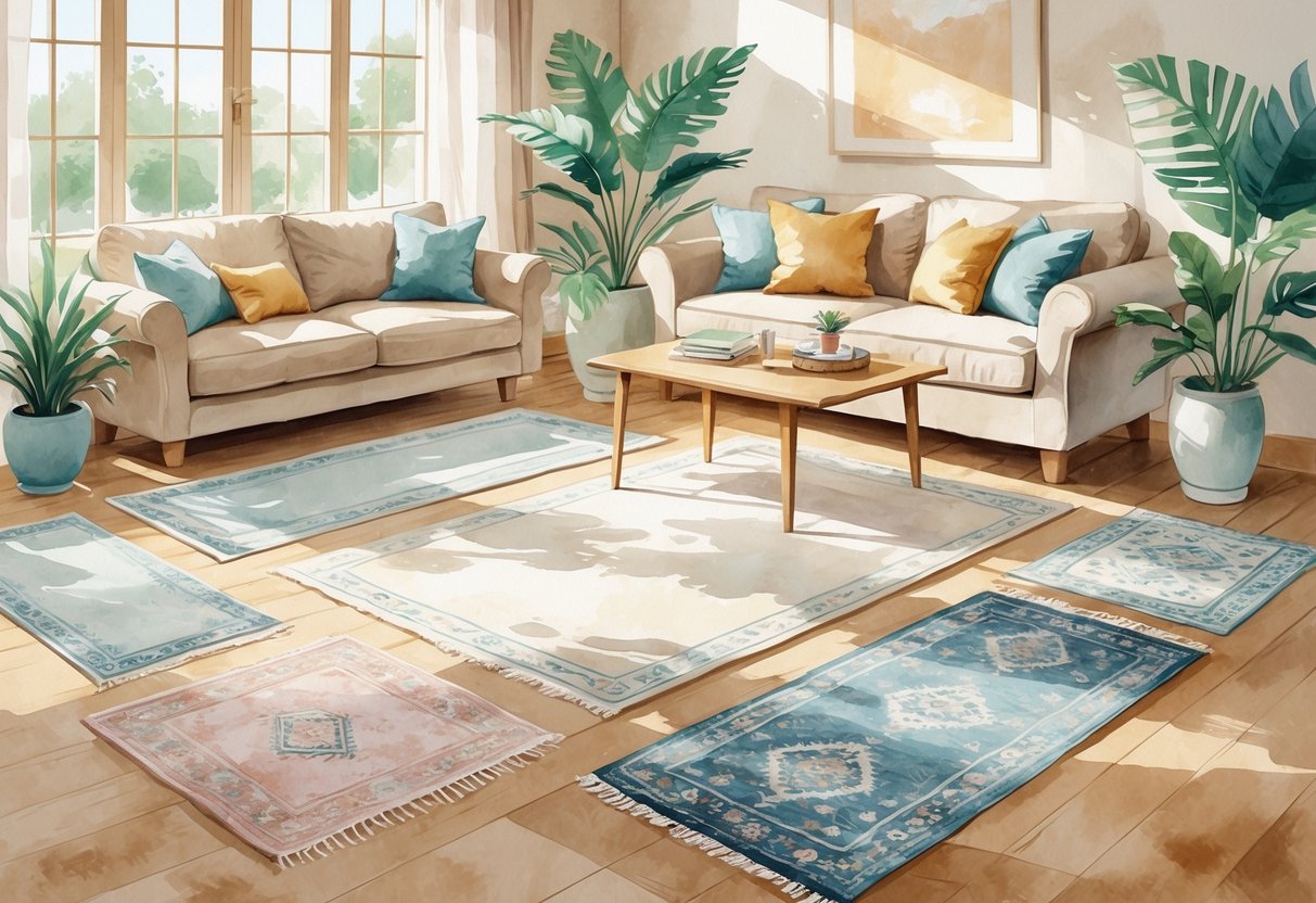 Une scène de salon avec plusieurs tapis de différentes tailles disposés autour d'un canapé et d'une table basse près d'une grande fenêtre.