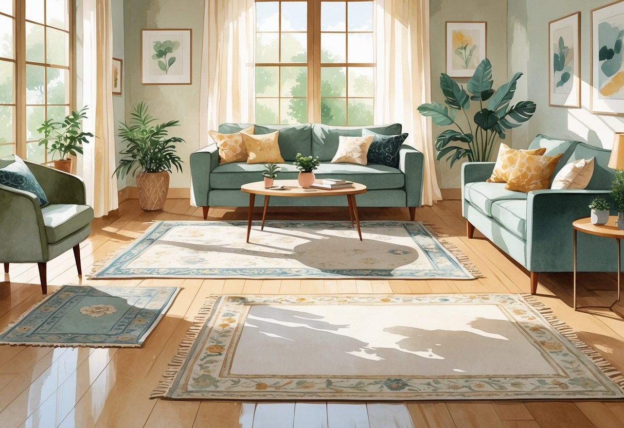 Salon chaleureux avec plusieurs tapis de tailles variées disposés harmonieusement sur un sol en bois, un canapé confortable, une table basse avec une plante, et une fenêtre laissant entrer la lumière naturelle.