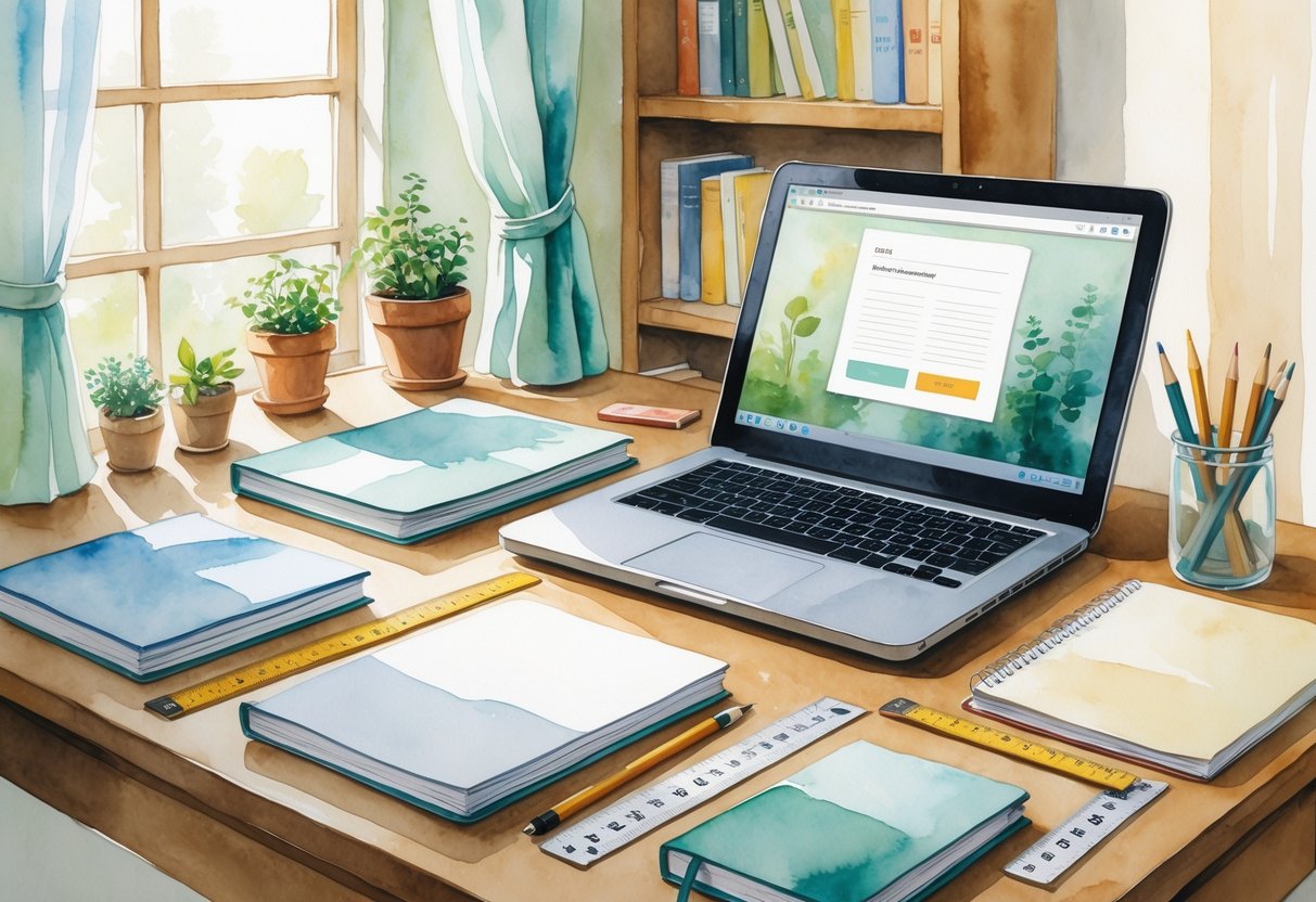 Un bureau à domicile avec un ordinateur portable, des carnets de différentes tailles et des outils de mesure sur une table en bois, près d'une fenêtre éclairée par la lumière naturelle.