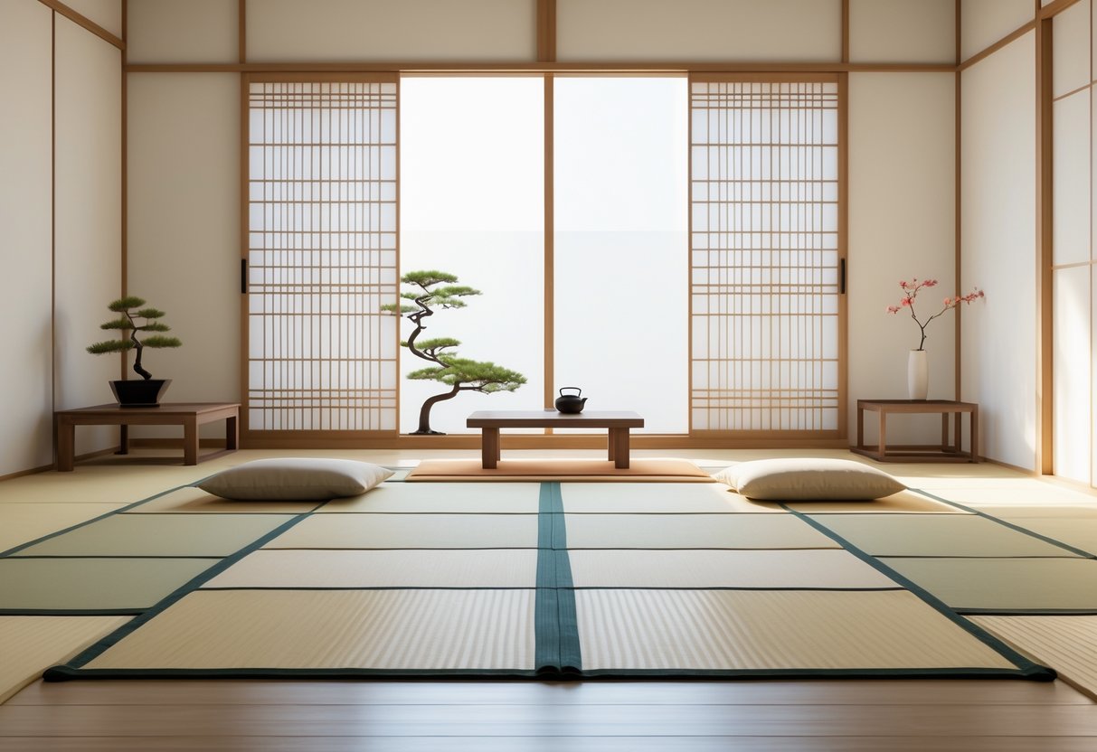 Un salon japonais lumineux avec un tapis traditionnel tatami au sol, une table basse en bois, des coussins, une plante bonsaï et une fenêtre avec des panneaux shoji.