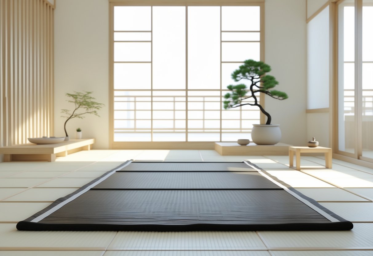 Intérieur lumineux avec un tapis japonais posé au sol, entouré de mobilier minimaliste et d'une plante en pot.