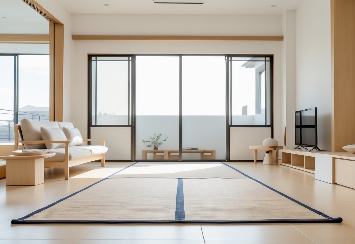 Salon lumineux avec un tapis japonais au sol et un mobilier minimaliste autour.
