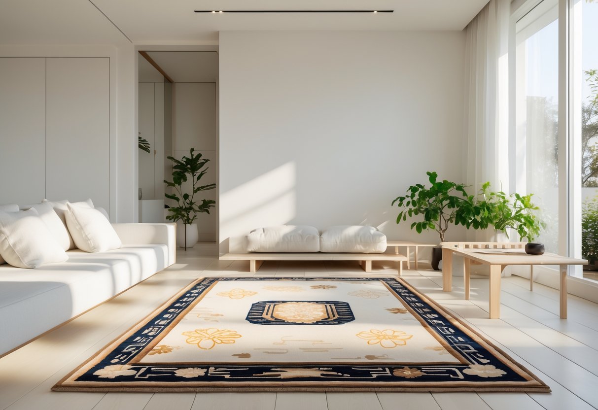 Salon lumineux avec un tapis japonais posé sur un sol en bois clair, entouré de mobilier simple et quelques plantes vertes.