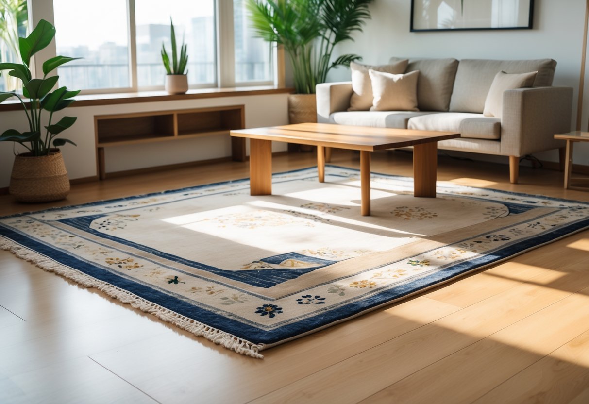 Salon lumineux avec un tapis japonais posé sur un sol en bois, entouré de meubles modernes et de plantes vertes.