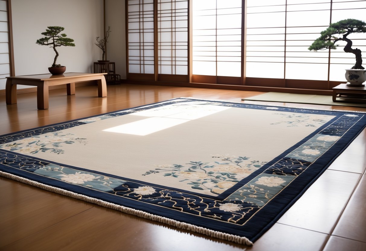 Salon japonais lumineux avec un tapis japonais authentique posé sur un sol en bois, décoré avec une table basse, un bonsaï et des écrans shoji.