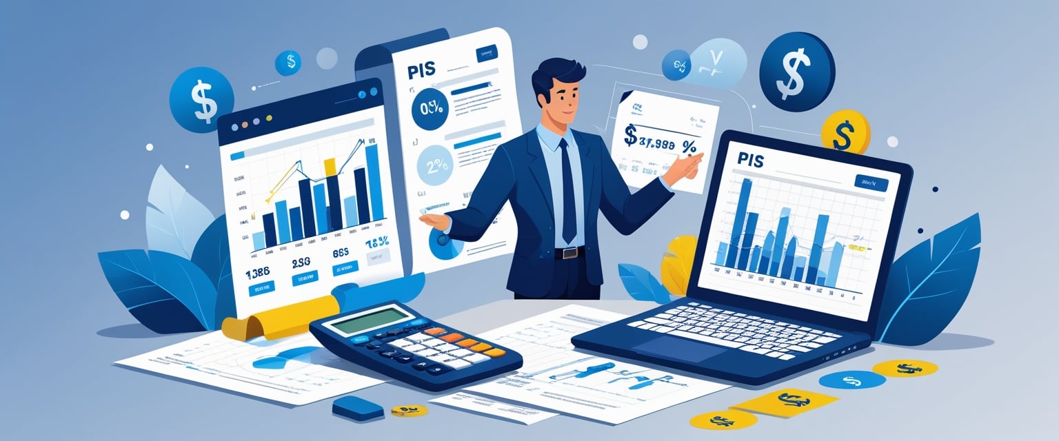 Profissional analisando documentos financeiros e gráficos relacionados a impostos em um ambiente de escritório.