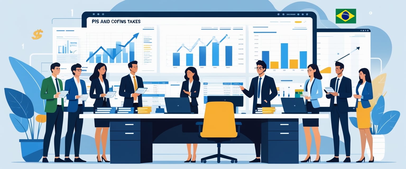 Profissionais brasileiros reunidos em um escritório moderno analisando documentos e gráficos relacionados a cálculos de PIS e COFINS.
