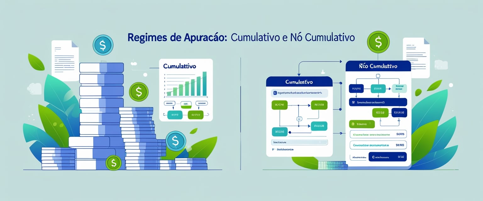 Ilustração mostrando dois regimes de apuração de impostos, com elementos visuais representando cálculo cumulativo e não cumulativo, incluindo moedas, documentos e gráficos.