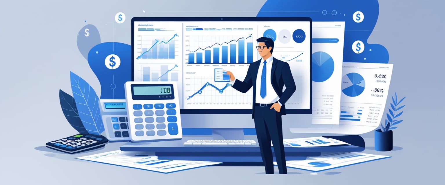 Profissional analisando documentos financeiros e gráficos sobre cálculo de PIS e COFINS em um escritório.