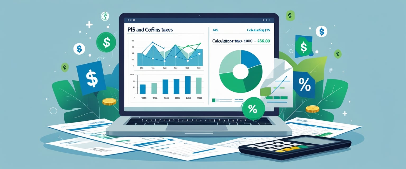 Uma mesa de escritório com laptop mostrando gráficos financeiros, documentos e calculadora, representando o cálculo dos impostos PIS e COFINS.