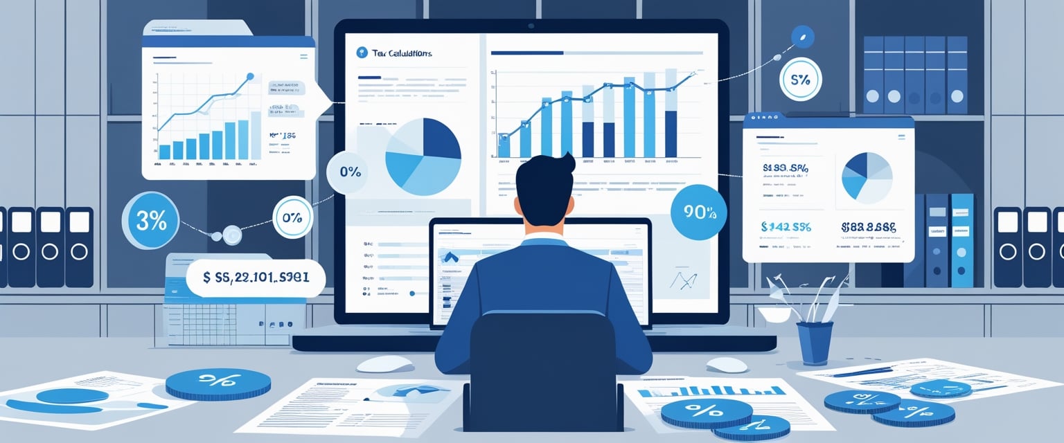 Pessoa trabalhando em um escritório com computador e documentos, cercada por gráficos e símbolos relacionados a cálculos financeiros e impostos.