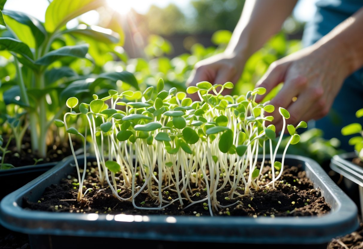 Close-up of green mung bean sprouts growing in soil with a gardener's hands tending to them outdoors.