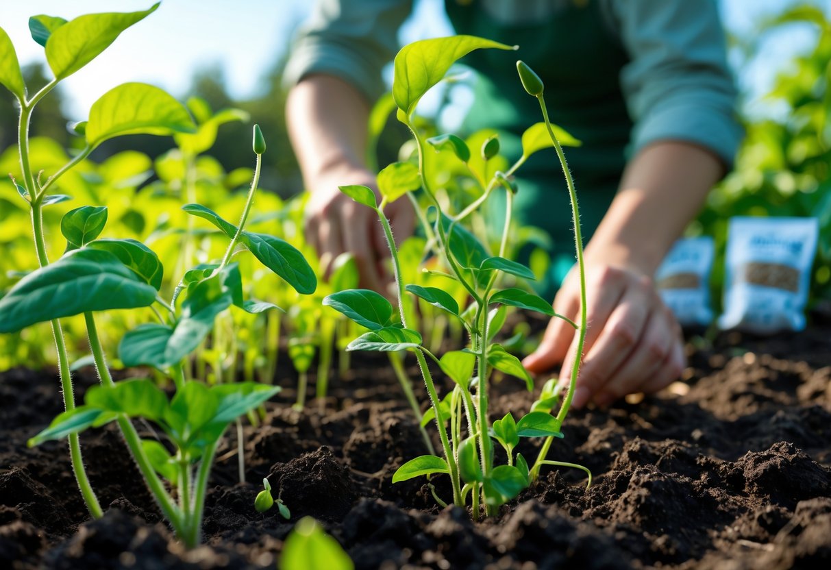 Close-up of green mung bean plants growing in soil with a gardener's hand tending to them outdoors.