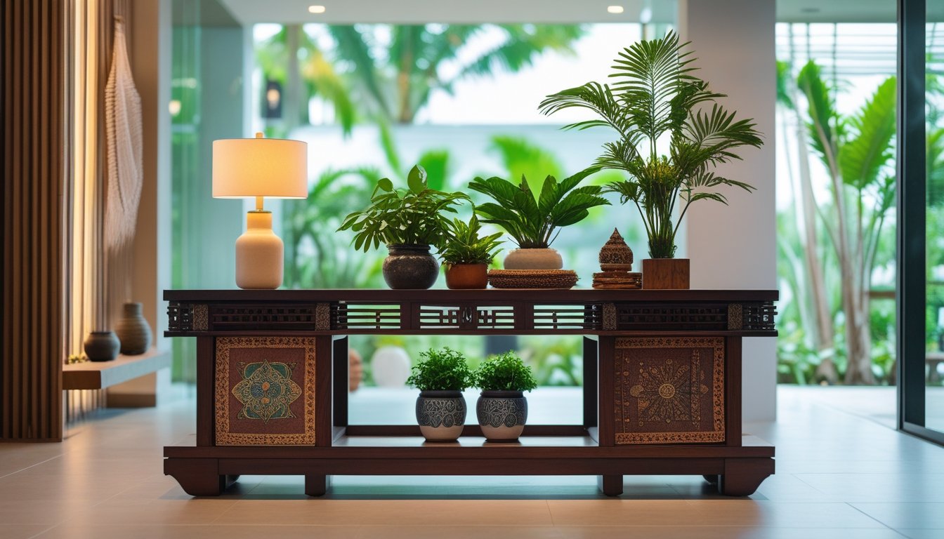 A wooden console table decorated with plants and a lamp in a bright living room with tropical plants visible outside the window.