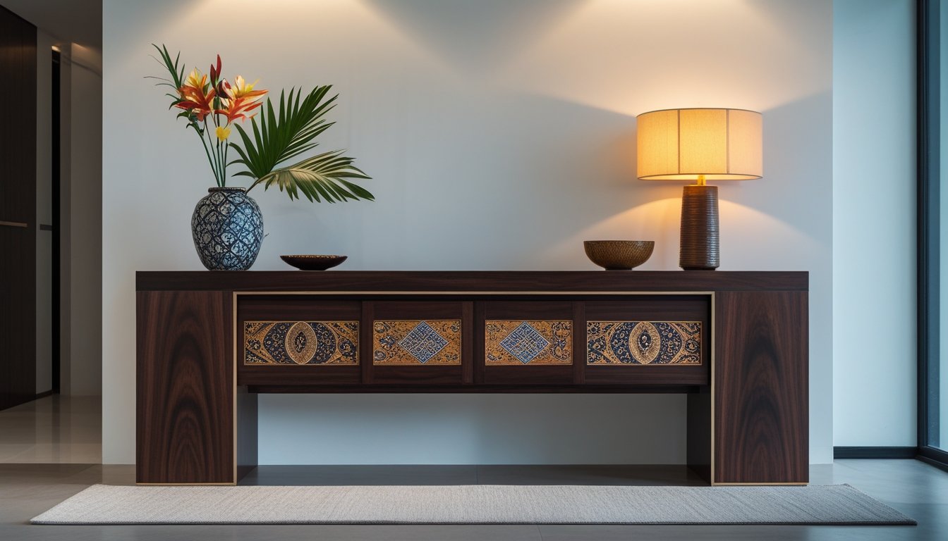 A dark wood console table with decorative items placed in a bright, minimalist room.