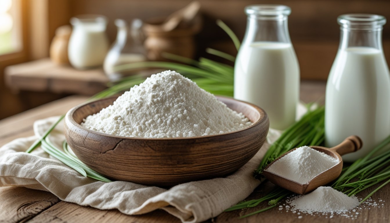 A bowl of milk powder with a glass bottle of fresh milk and a wooden scoop on a wooden surface with green grass nearby.