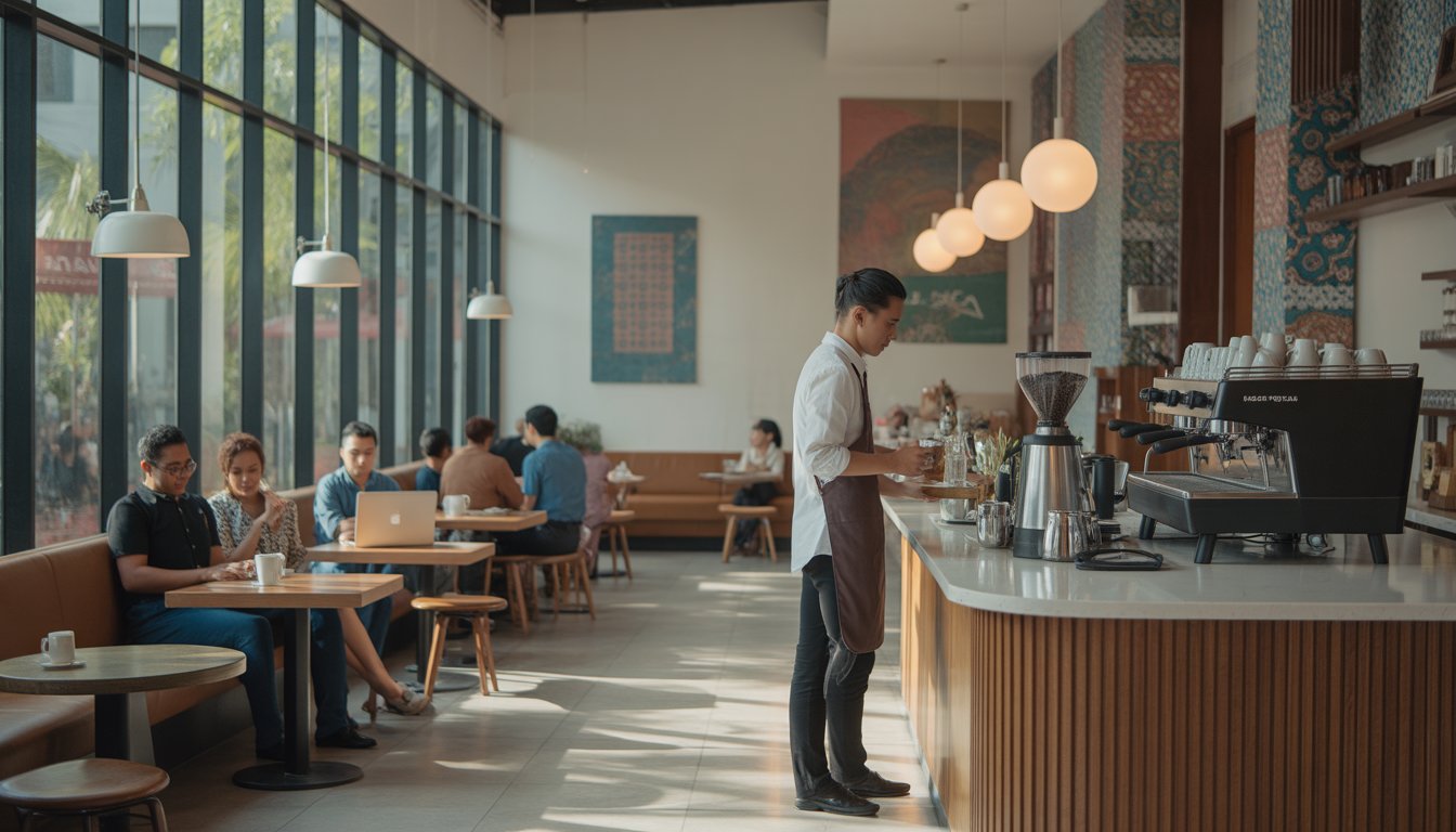 Interior of a modern coffee shop in Kuala Lumpur with customers enjoying coffee and a barista preparing drinks behind the counter.