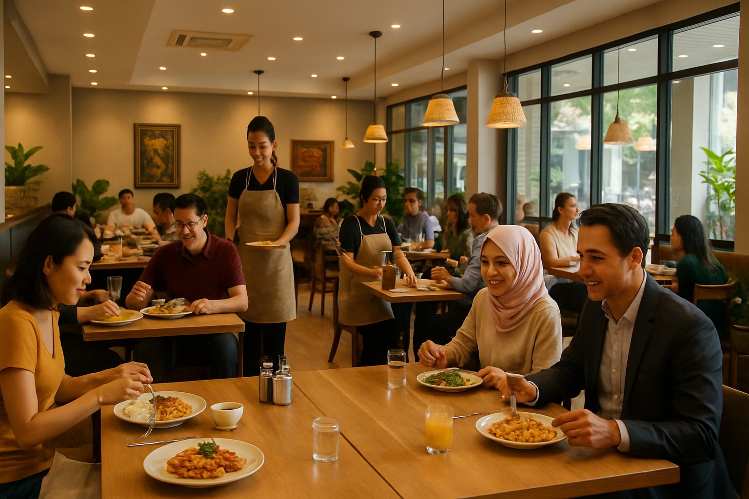 Interior of a busy restaurant with people dining and waitstaff serving food at wooden tables.