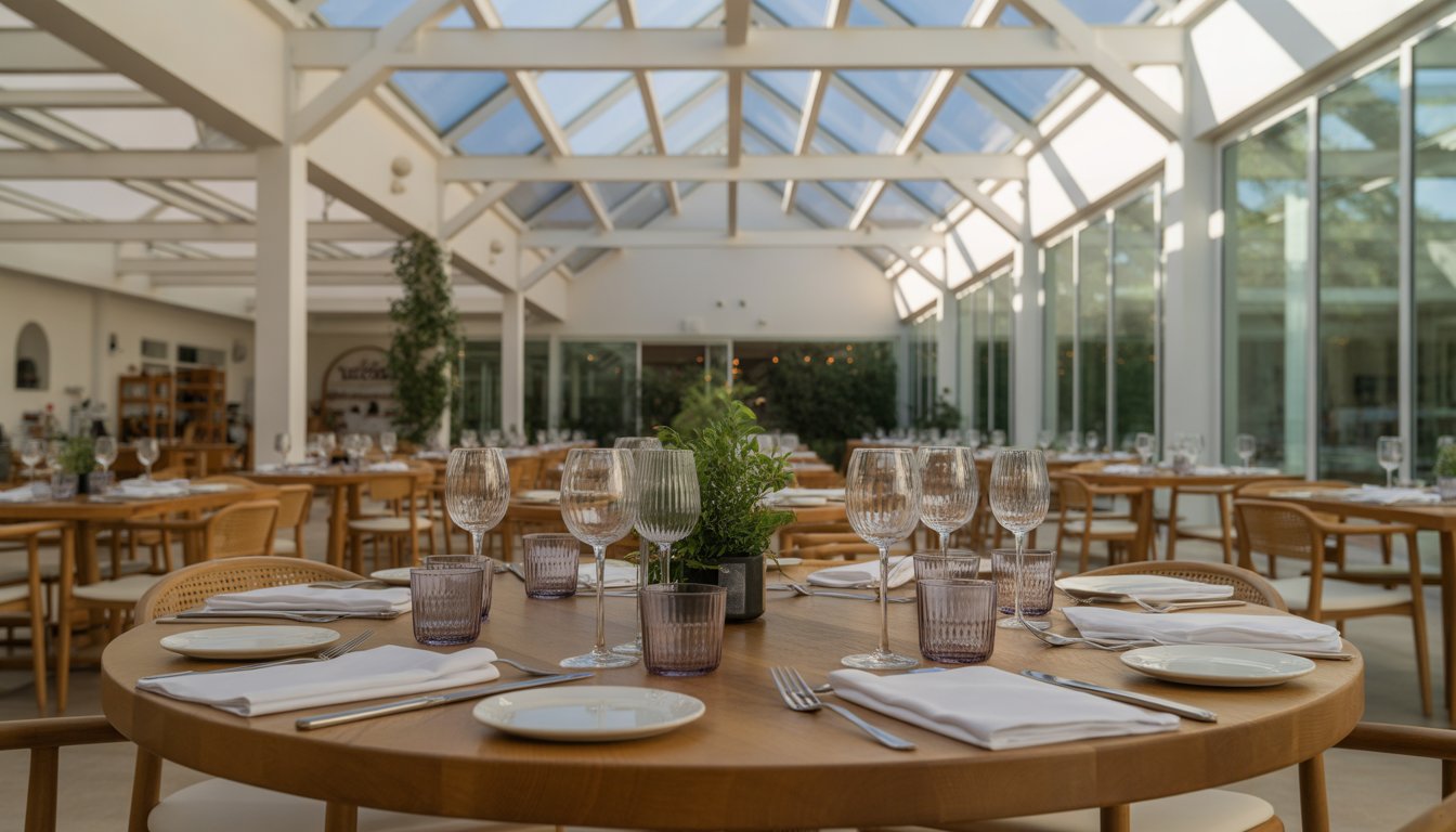 Interior of a spacious restaurant inside a pavilion with neatly arranged tables and chairs, natural light, and plants.