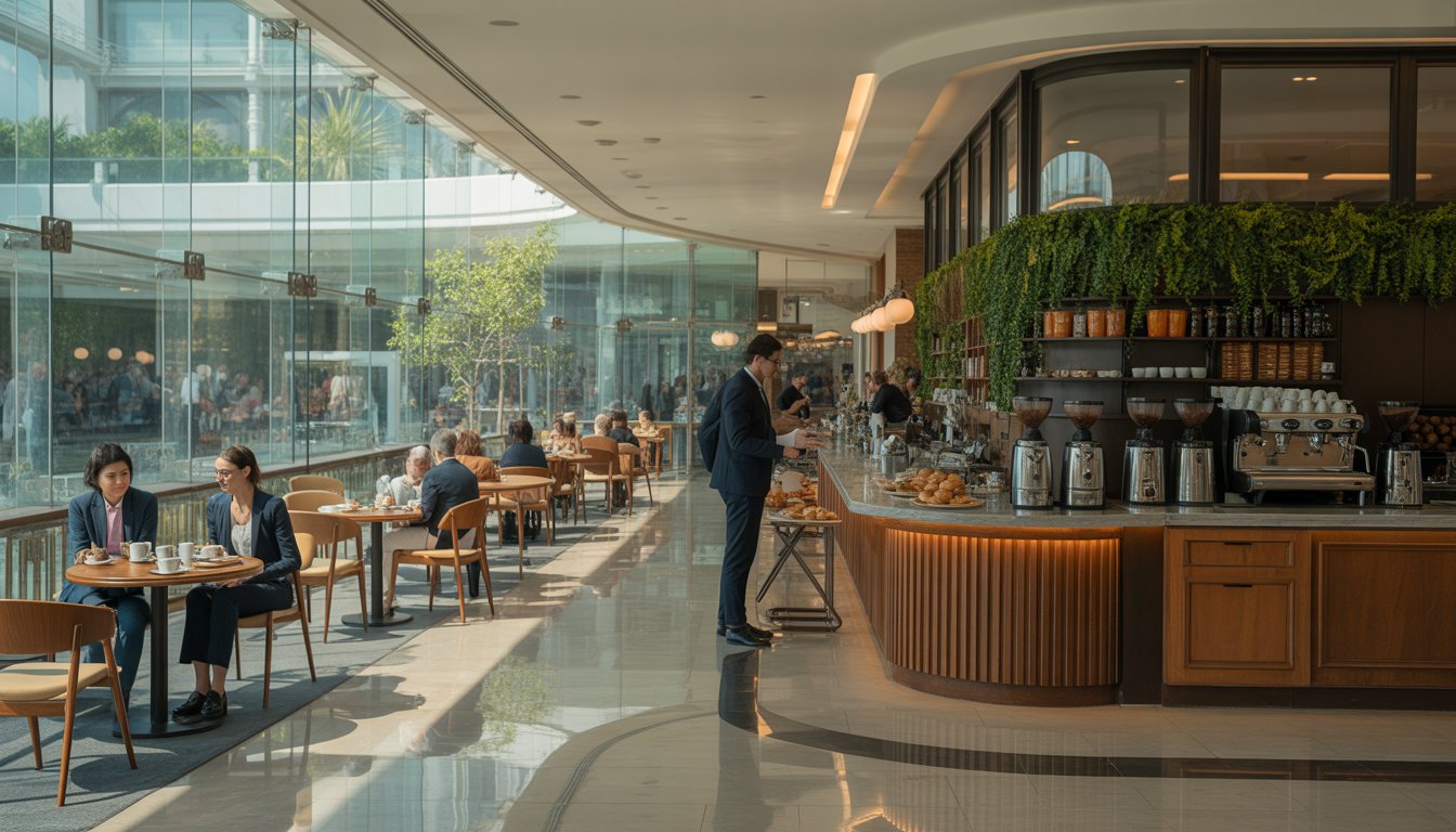 Interior of a busy cafe and coffee shop inside a shopping pavilion with customers sitting at tables and baristas preparing coffee behind the counter.
