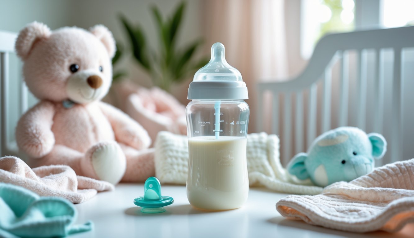 A baby bottle filled with milk formula on a white surface surrounded by baby items like a teddy bear, blanket, and pacifier in a nursery setting.