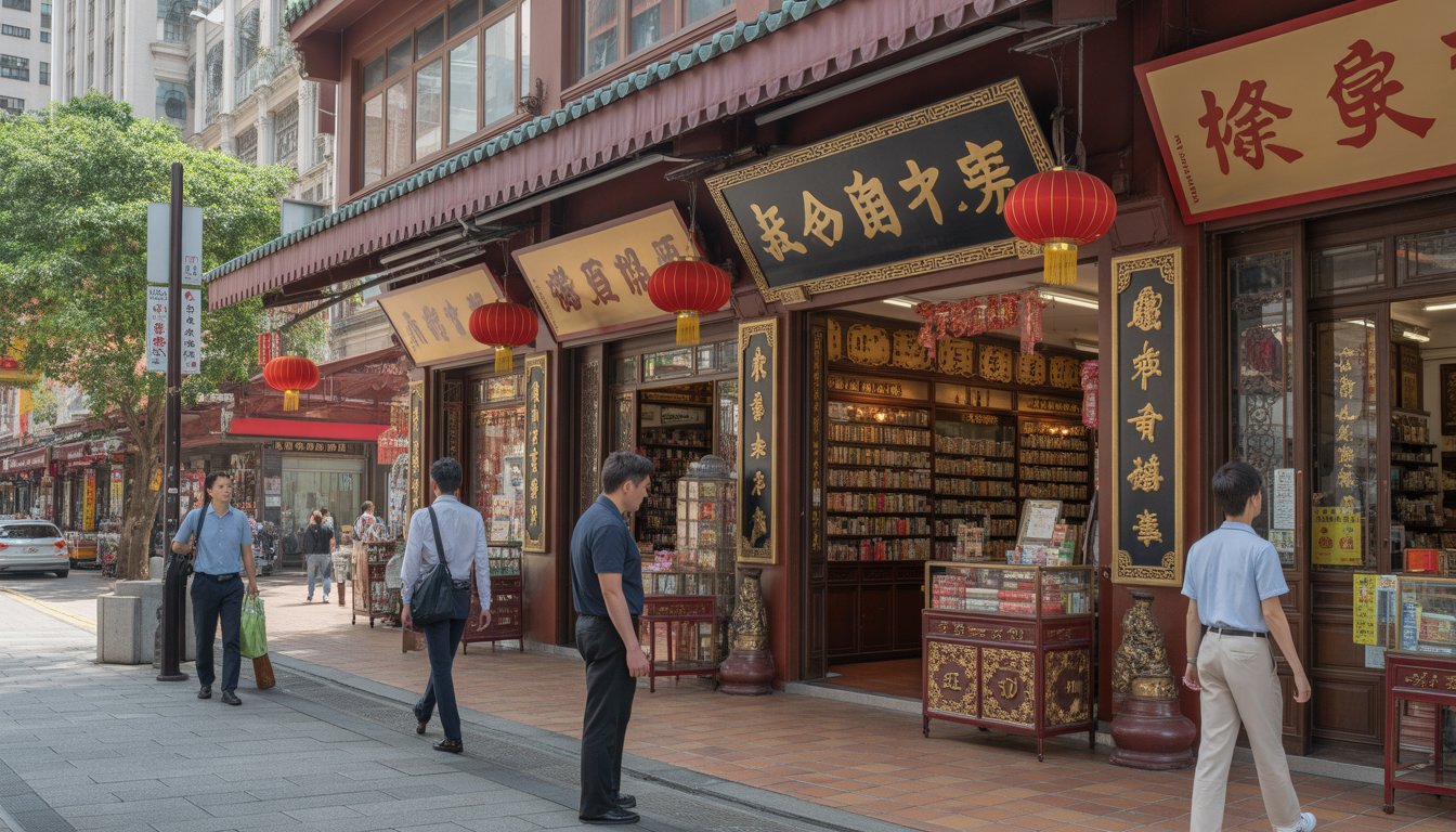Exterior of a traditional herbal medicine shop with red lanterns and wooden decorations on a busy city street during daytime.