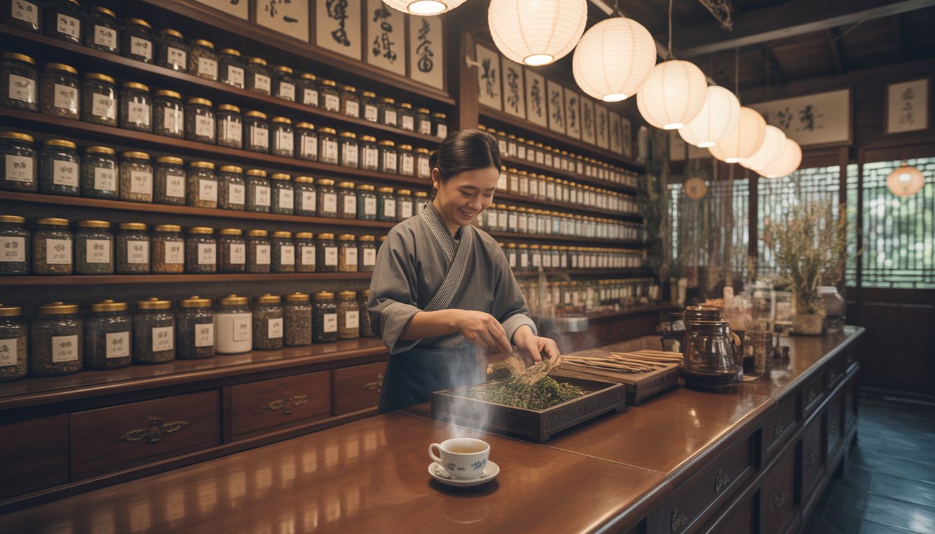 Interior of a traditional herbal tea shop with wooden shelves of herbs and a shopkeeper preparing a cup of tea behind the counter.