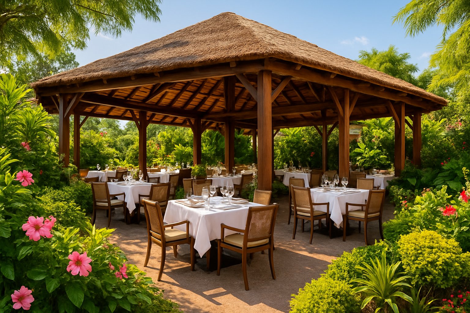 An outdoor pavilion restaurant with tables and chairs surrounded by greenery and flowers.