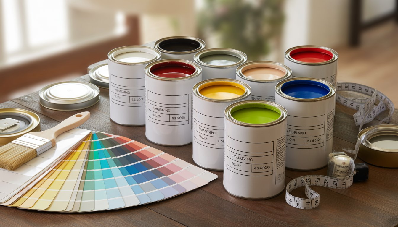A table with open paint cans showing different colors, paintbrushes, and a color swatch fan.