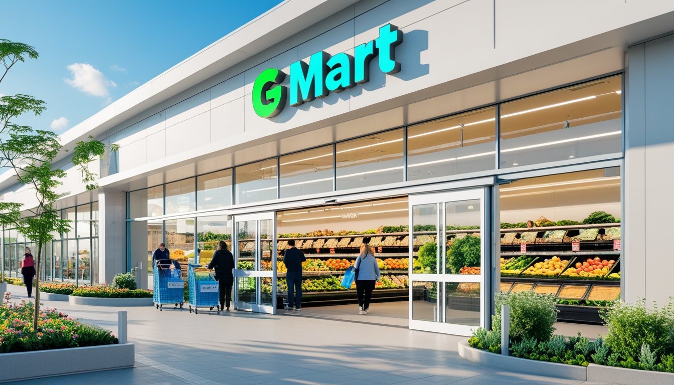 The exterior of a modern grocery store with glass windows, customers entering and exiting, and landscaped surroundings.