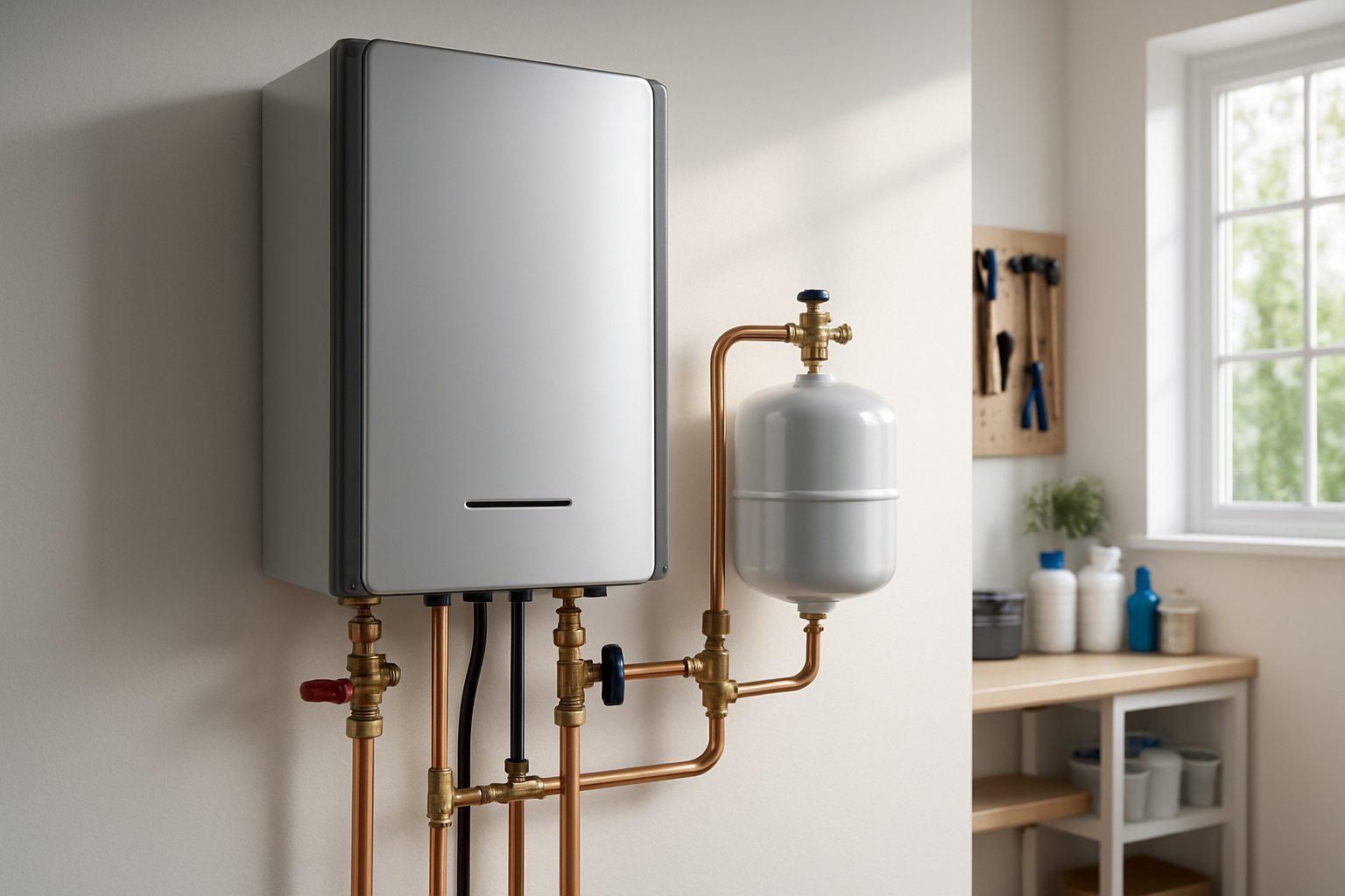 A tankless water heater installed on a wall with an expansion tank connected by copper pipes in a clean utility room.