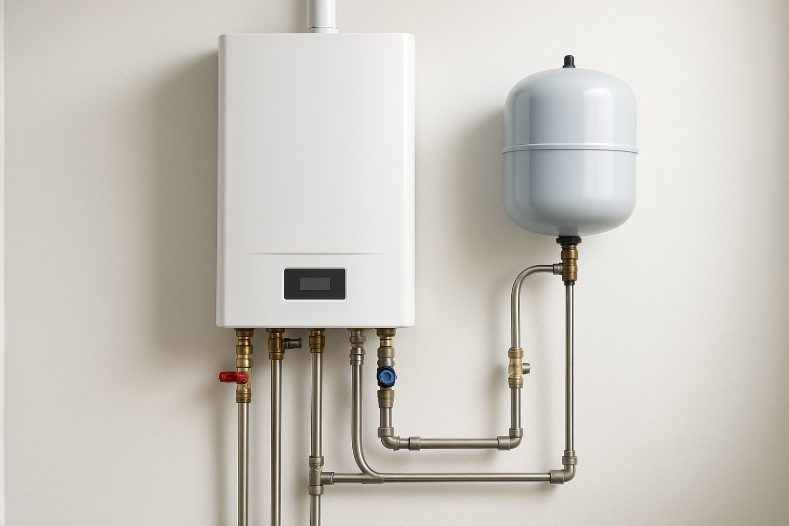 A modern tankless water heater installed on a utility room wall with connected pipes and an expansion tank nearby.