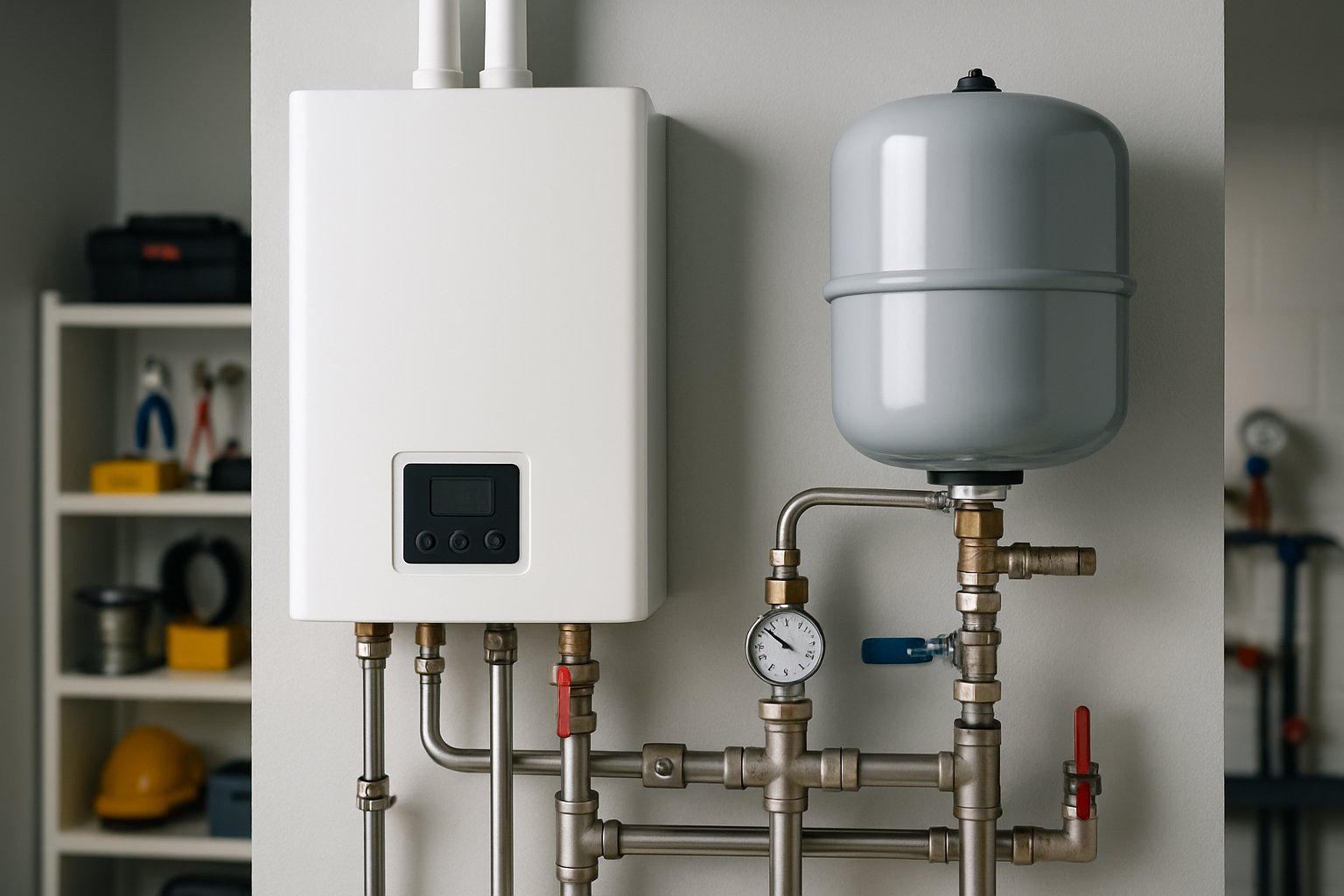 Close-up of a tankless water heater installed on a wall with an expansion tank connected by pipes in a clean utility room.