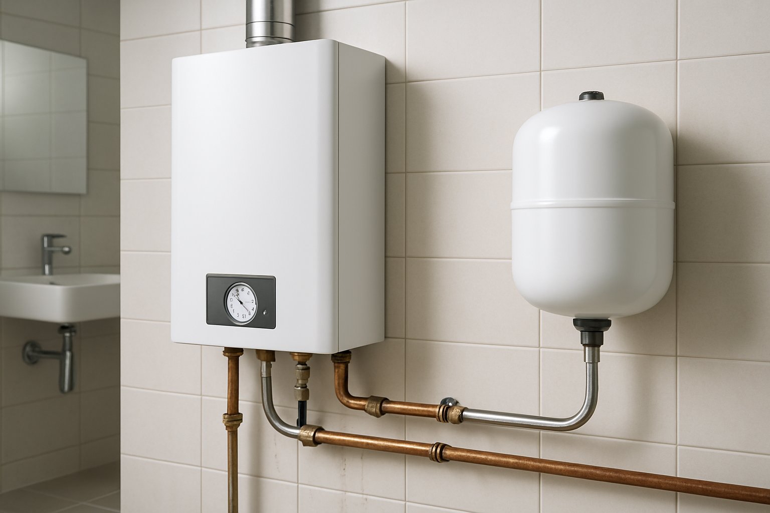 A tankless water heater installed on a wall with connected plumbing pipes in a clean utility room, showing water droplets near the pipes.