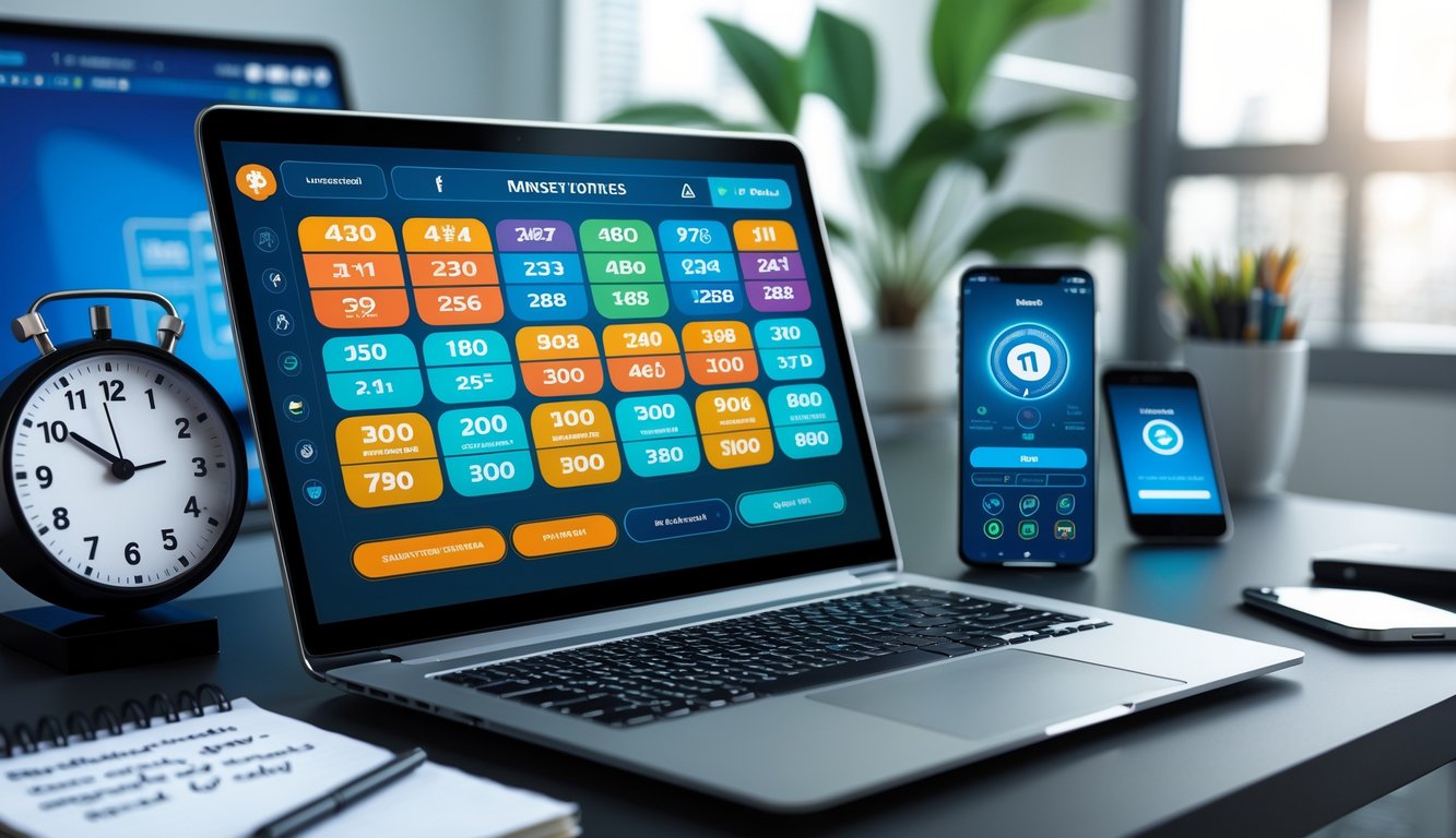 Seorang pria menggunakan laptop di meja kerja dengan tampilan layar permainan lotere online dan perangkat teknologi di sekitarnya.