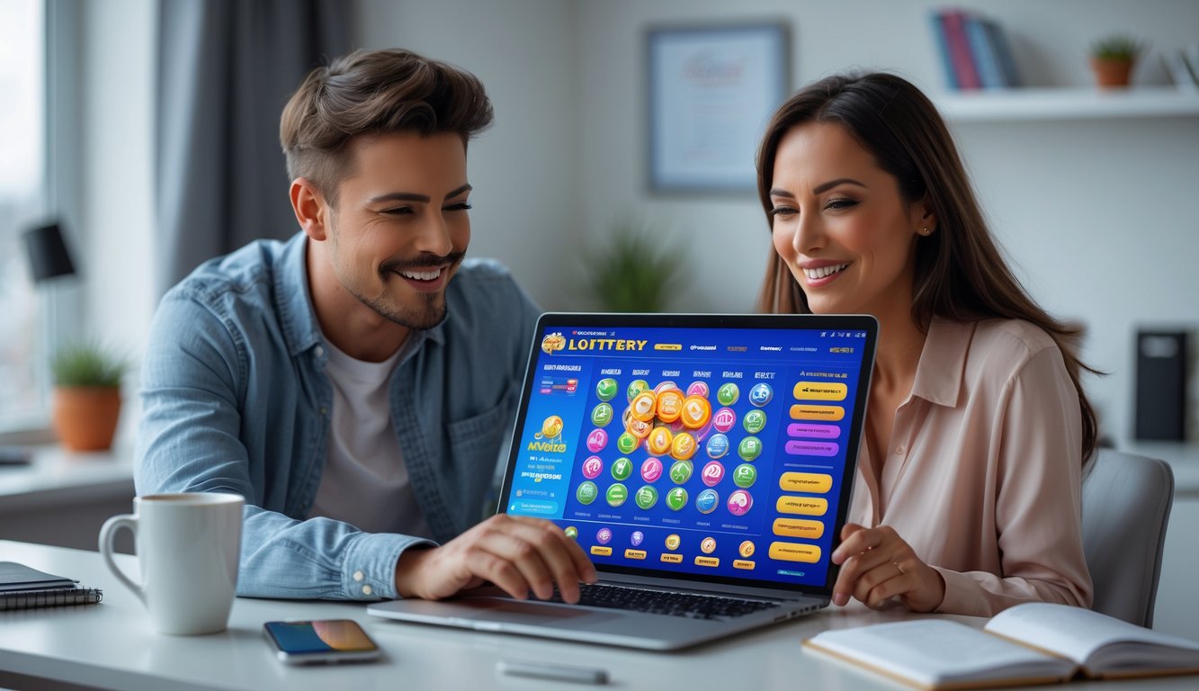 Seorang pria dan wanita muda duduk di meja kerja dengan laptop, tampak fokus dan senang bermain togel online di rumah.